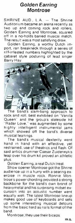 Golden Earring with Montrose April 27 1975 Los Angeles - Shrine Auditorium show review